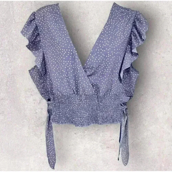 Purple Crop Top With Polk-a Dots V-neck Capped Ruffle Sleeves Plus Size 4XL - Picture 1 of 7